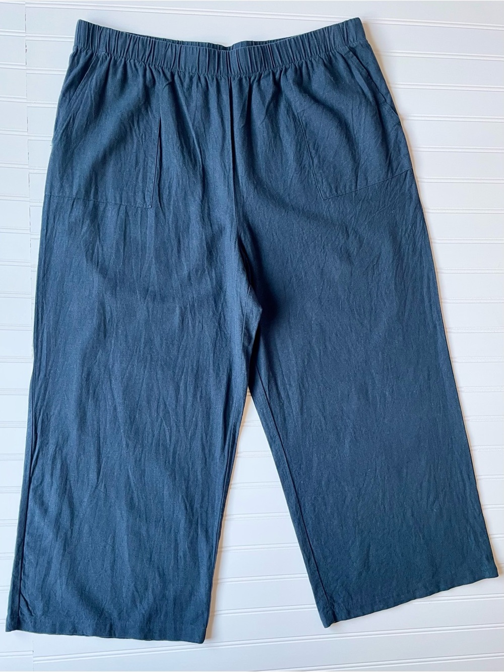 Navy Wide Leg Linen Pants Sz XL Crop Pull On Pockets Nautical Coastal Lagenlook